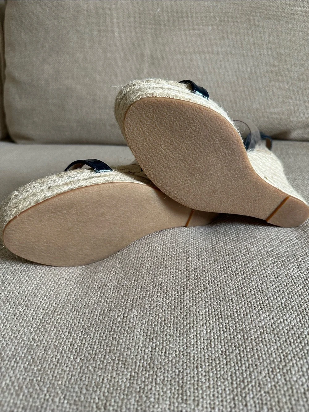 Bettye Muller Navy Patent Leather and Clear Espadrille Wedge Sandals